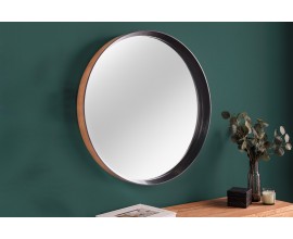 Moderní kulaté nástěnné zrcadlo Courbé s vyvýšeným rámem z dubového dřeva v černé a přírodní hnědé barvě 70 cm
