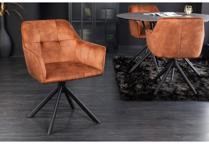Industriální moderní otočná židle Devon s hnědým sametovým čalouněním as černýma nohama z kovu 83cm
