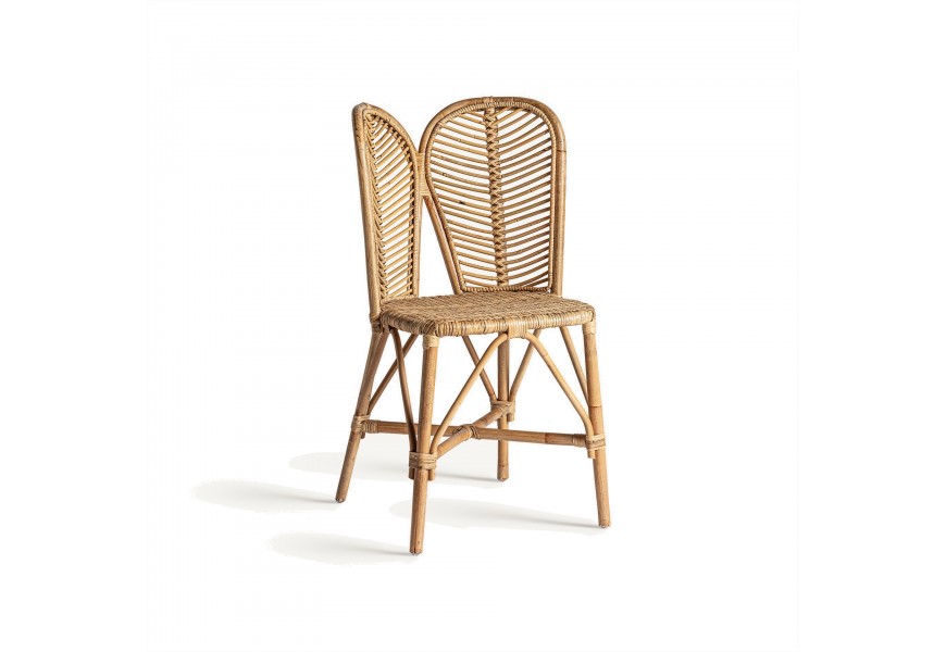 Luxusní světlá hnědá ratanová zahradní židle Ellazo se zádovou opěrkou ve tvaru dvou listů s vyplétanou sedací částí a čtyřmi nožičkami s křížovou spojnicí