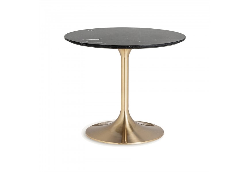 Luxusní kulatý jídelní stůl Brilon s jednou kovovou nohou ve zlaté barvě a černou porcelánovou vrchní deskou s designem mramoru