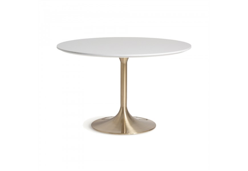 Luxusní art deco kulatý jídelní stůl Brilon s jednou nohou s kruhovou podstavou z kovu ve zlaté barvě as bílou mramorovou vrchní deskou