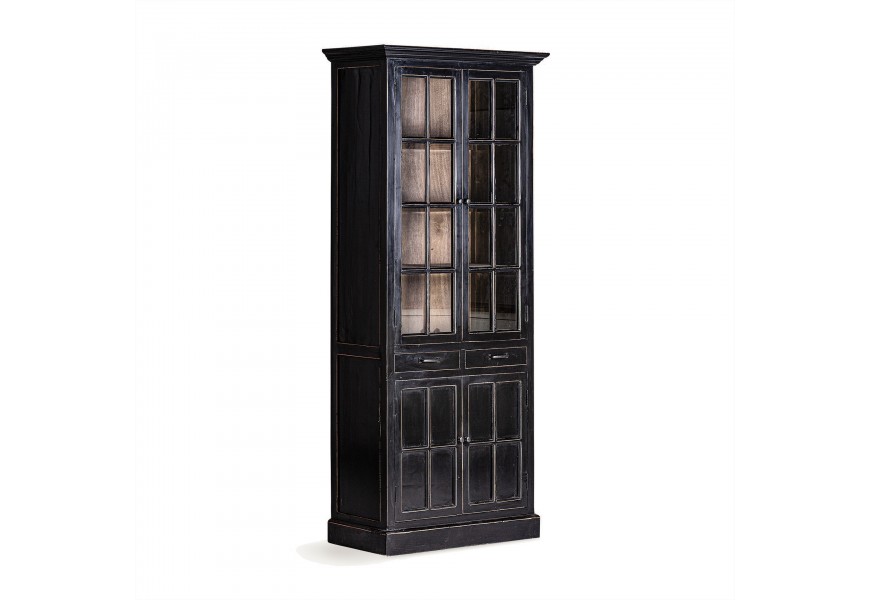 Luxusní černá vintage vitrína Zena Noir z jilmového dřeva s patinou s efektem záměrného zestárnutí se skleněnými dvířky s tabulovým designem se skříňkou ve spodní části a dvěma zásuvkami