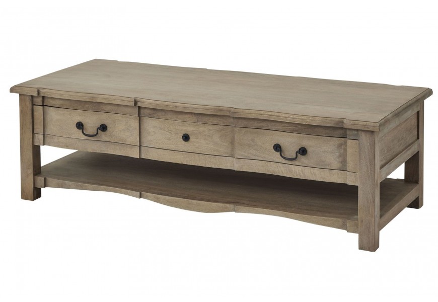 Venkovský obdélníkový konferenční stolek Antiquités Francaises v šedohnědé barvě ve vintage provedení se dvěma šuplíky s černými kovovými úchyty a policí