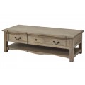 Venkovský obdélníkový konferenční stolek Antiquités Francaises v šedohnědé barvě ve vintage provedení se dvěma šuplíky s černými kovovými úchyty a policí