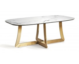 Luxusní obdélníkový stůl Tulipa v art deco stylu s vrchní deskou z bílého mramoru a zlatými nožičkami 200 cm