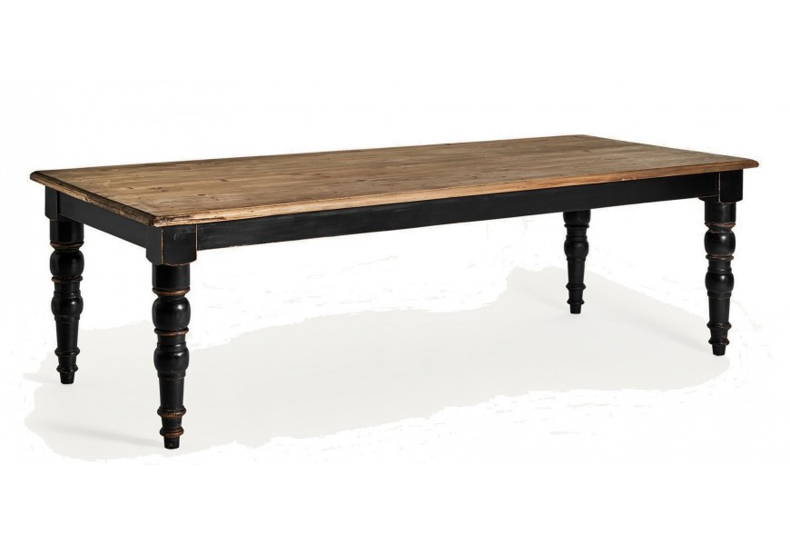 Luxusní obdélníkový jídelní stůl Zena Noir z jilmového dřeva s vrchní deskou v přírodní světle hnědé barvě s kresbou letokruhů a černými vyřezávanými nožičkami ve venkovském stylu