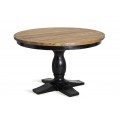 Luxusní venkovský kulatý jídelní stůl Zena Noir s jednou vyřezávanou nohou v černé barvě a vrchní deskou v přírodní světlé hnědé barvě jilmového dřeva
