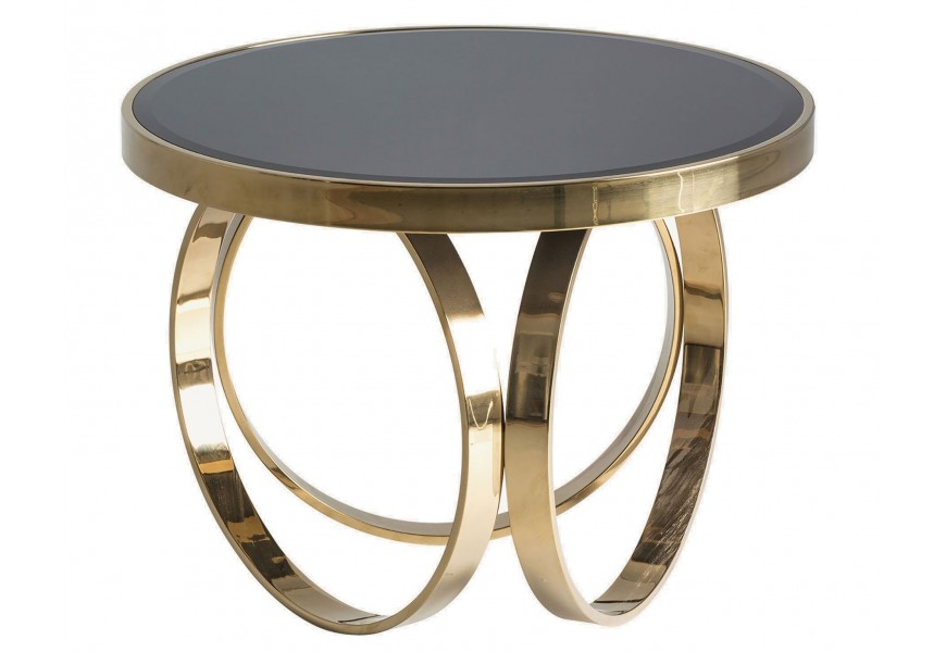 Luxusní kulatý konferenční stolek Arossia v glamour stylu s vrchní deskou z černého skla a kovovou konstrukcí ve zlaté barvě se třemi nožičkami ve tvaru kruhů