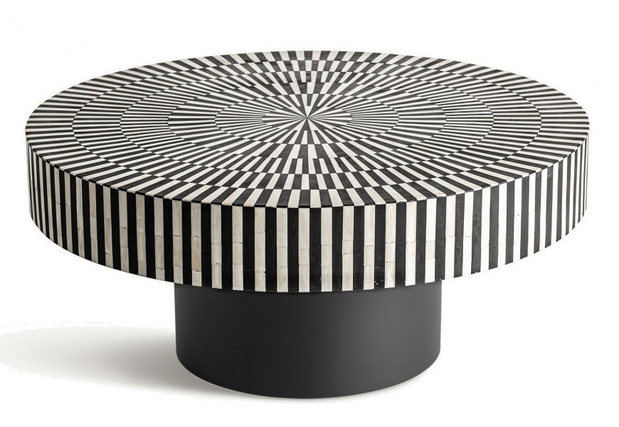 Luxusní kulatý konferenční stolek Caderina v art deco stylu s vrchní deskou s ozdobnou černo bílou intarzií se vzorem slunečních paprsků z kostí jednou tlustou černou nohou