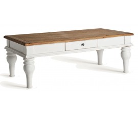 Luxusní bílý obdélníkový konferenční stolek Isla v provensálském stylu s hnědou vrchní deskou 130 cm