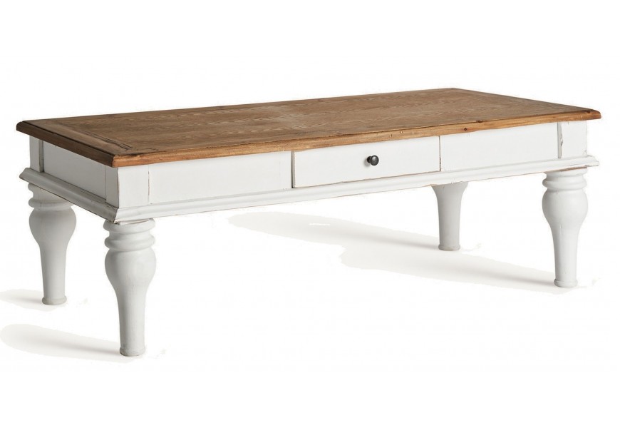 Luxusní venkovský obdélníkový konferenční stolek Isla s vyřezávanými nožičkami a bílým záměrně sešoupaným nátěrem ve vintage stylu s hnědou vrchní deskou