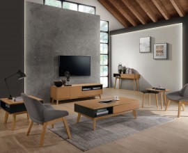 Designová obývací sestava Nordica Clara ve světle hnědé barvě z dubového dřeva ve skandinávském stylu