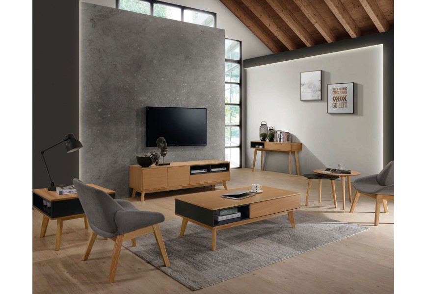 Designová obývací sestava Nordica Clara ve světle hnědé barvě z dubového dřeva ve skandinávském stylu s moderním minimalistickým nádechem