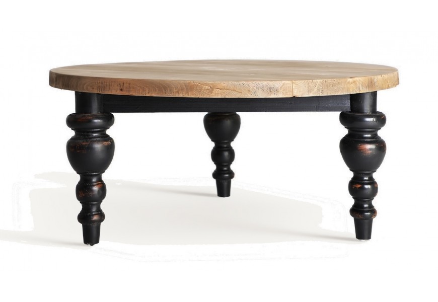 Luxusní černý kulatý konferenční stolek Zena Noir s vrchní deskou v přírodní hnědé barvě jilmového dřeva na třech vyřezávaných nožičkách ve venkovském stylu