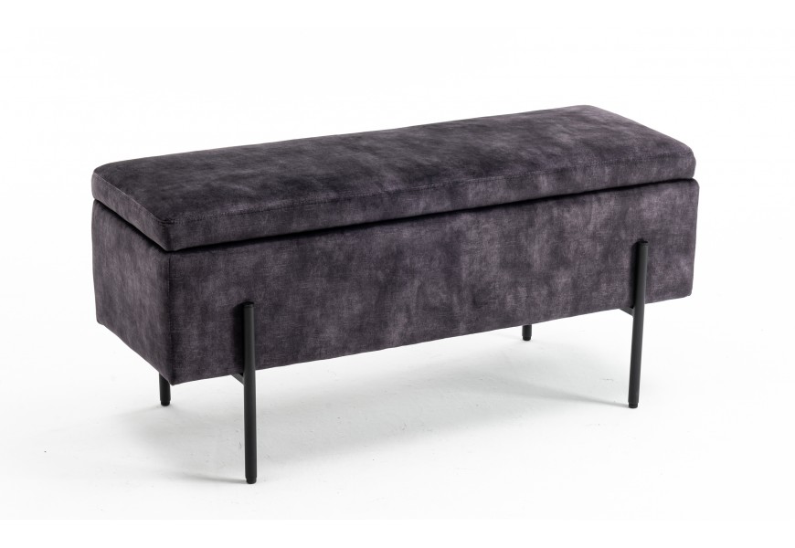 Designová lavice Irvin s moderní lineární siluetou s uzavíratelným úložným prostorem a pěnovým čalouněním se tmavou šedou sametovou potahovou látkou