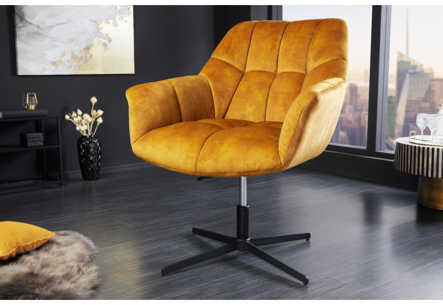 Designová otočná židle Mariposa s čalouněním v hořčičné barvě s výškově nastavitelnou nohou v černé barvě