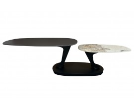 Designový konferenční stolek Delin s mramorovou deskou v černé barvě a dvěma otočnými dvouúrovňovými deskami 94-163 cm