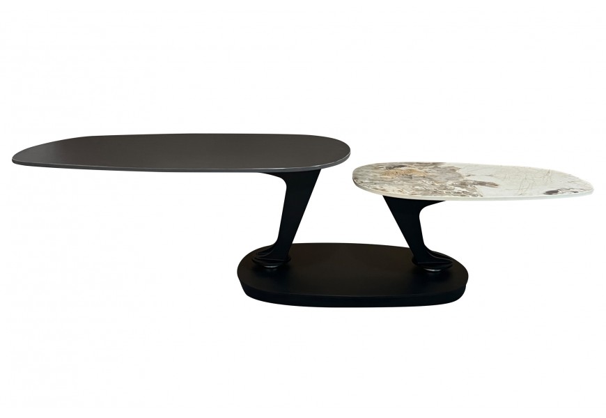 Designový konferenční stolek Delin se dvěma deskami s otočnými polohovatelnými nožičkami z kovu se dvěma deskami z černého kamene v mramorovém vzhledu