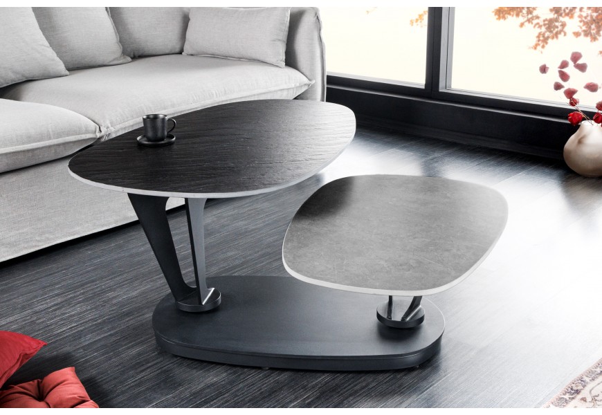 Designový konferenční stolek Delin s černou konstrukcí s černými mramorovými deskami as otočnými oblými polohovatelnými dvouúrovňovými otočnými deskami v černé barvě