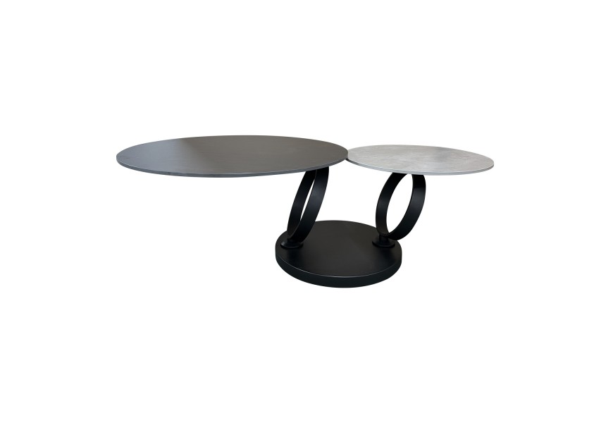 Designový otočný konferenční stolek Delin s kulatými deskami z černého a šedého kamene s kulatými kovovými nožičkami v černé barvě
