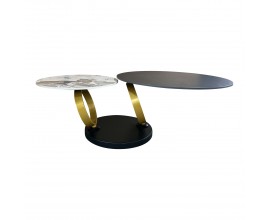 Designový glamour otočný kulatý konferenční stolek Delin s kulatými deskami v černé barvě a v mramorovém designu a kulatými zlatými otočnými nožičkami