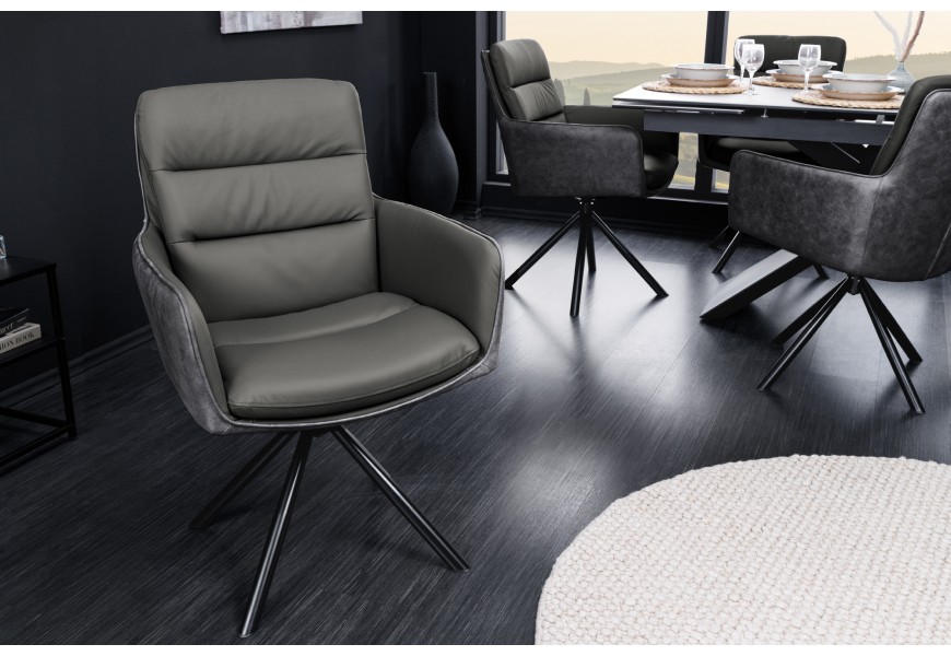 Designová otočná kožená židle Cioro v šedé barvě v industriálním stylu