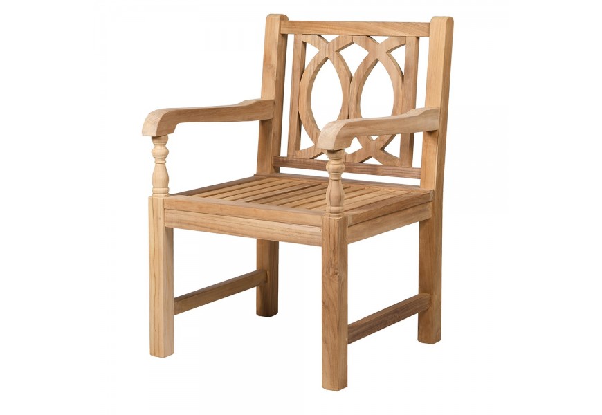 Venkovská ozdobná zahradní židle Meks ve světle hedé barvě s ozdobným vyřezáváním z teakového dřeva