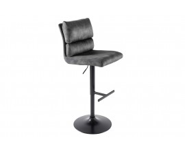 Designová barová otočná židle Zoe v industriálním stylu se sametovým potahem v šedé barvě s výškově nastavitelnou funkcí as kovovou nohou v černé barvě