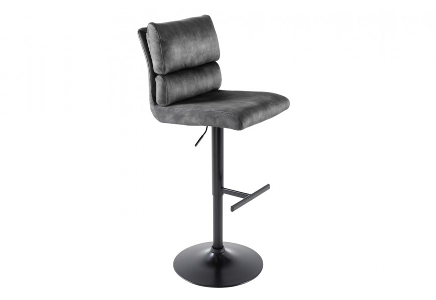 Designová barová otočná židle Zoe v industriálním stylu se sametovým potahem v šedé barvě as kovovou nohou v černé barvě