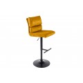 Designová barová židle Kelsy v industriálním stylu s černou polohovatelnou nohou se sametovým potahem v hořčičné barvě