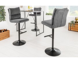 Industriální otoční barová židle Kelsy v tmavě šedé barvě se sametovým potahem a černou polohovatelnou nohou 100-121 cm