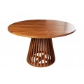 Designový kulatý masivní stůl Gire z akáciového dřeva se zdobenou podstavnou nohou v tmavě hnědé barvě
