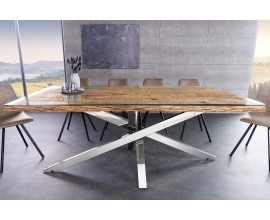 Luxusní industriální obdélníkový jídelní stůl Barracuda z teakového hnědého dřeva s chromovanými nožičkami 220 cm