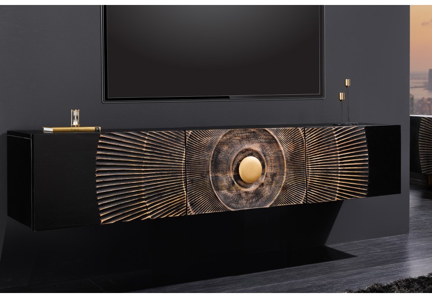 Orientální televizní stolek Cumbria v černo zlaté barvě z mangového dřeva s detaily z kovu