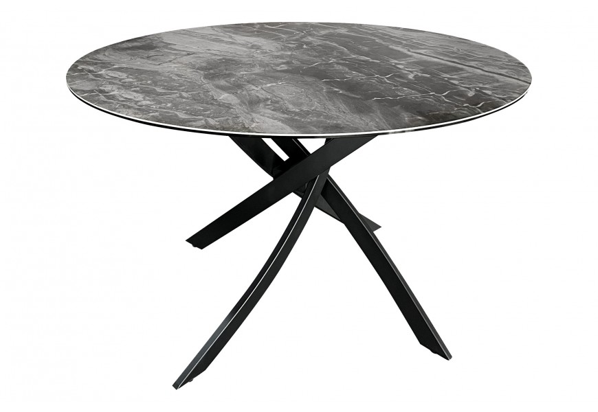 Designový kulatý jídelní stůl Valldemossa s šedou mramorovou vrchní deskou a černými překříženými kovovými nožičkami