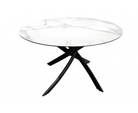 Designový bílý kulatý jídelní stůl Valldemossa pro šest osob s vrchní deskou z mramoru a černými překříženými kovovými nožičkami