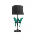 Designová stolní lampa Macaw v glamour stylu s kulatým stínítkem a konstrukcí v černé barvě s mramorovým podstavcem a třemi figurami tyrkysových papoušků se zlatými detaily