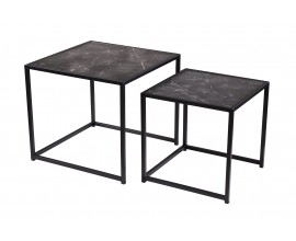 Industriální antracitový černý set čtvercových konferenčních stolků Industria Marble s mramorovým designem 45 cm