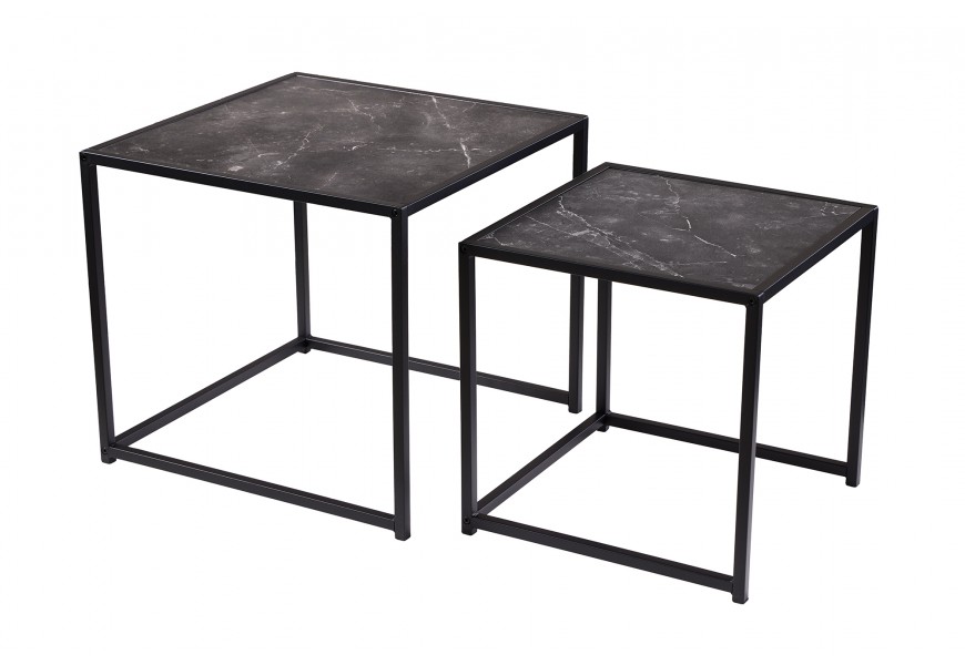 Designový set industriálních čtvercových konferenčních stolků Industria Marble s kovovou konstrukcí a mramorovou vrchní deskou v antracitové černé barvě