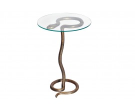 Art deco kulatý příruční stolek Salazar s podstavou s hadím designem a skleněnou deskou v glamour nádechu