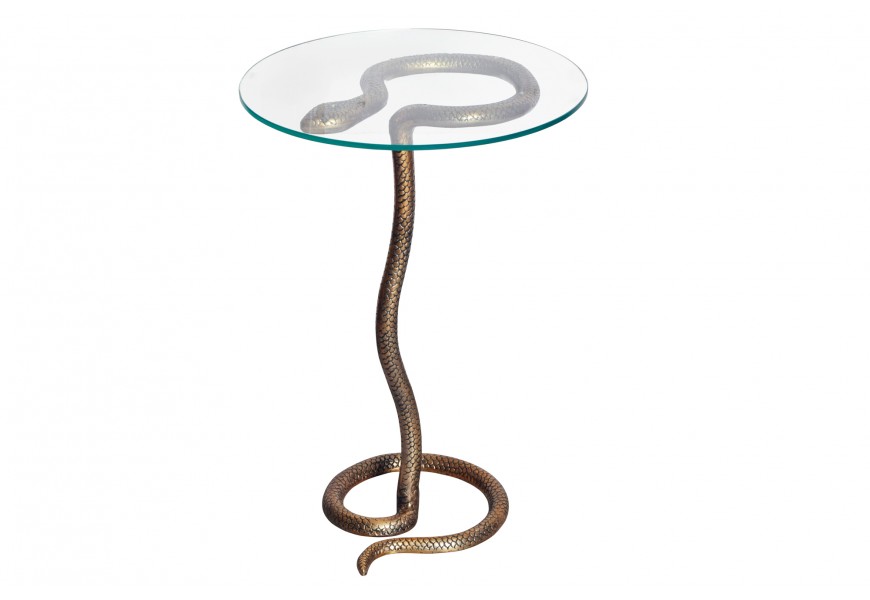 Art deco kulatý příruční stolek Salazar s podstavou s hadím designem a skleněnou deskou v glamour nádechu