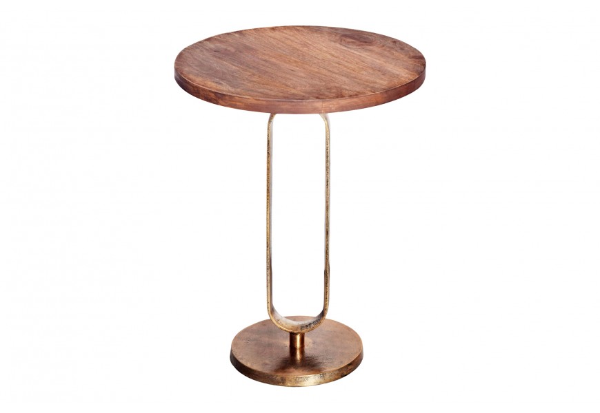 Art deco kulatý měděný příruční stolek Zendy s dřevěnou deskou v glamour nádechu s měděnou podstavou s patinou a válcovým tvarem