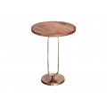 Art deco kulatý měděný příruční stolek Zendy s dřevěnou deskou v glamour nádechu s měděnou podstavou s patinou a válcovým tvarem