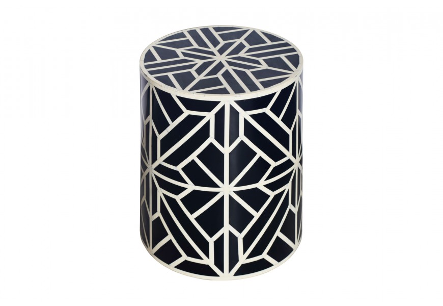Designový kulatý bíločerný příruční stolek Bone Inlay z buvolí kosti s geometrickým vzorovaným ve tvaru květin