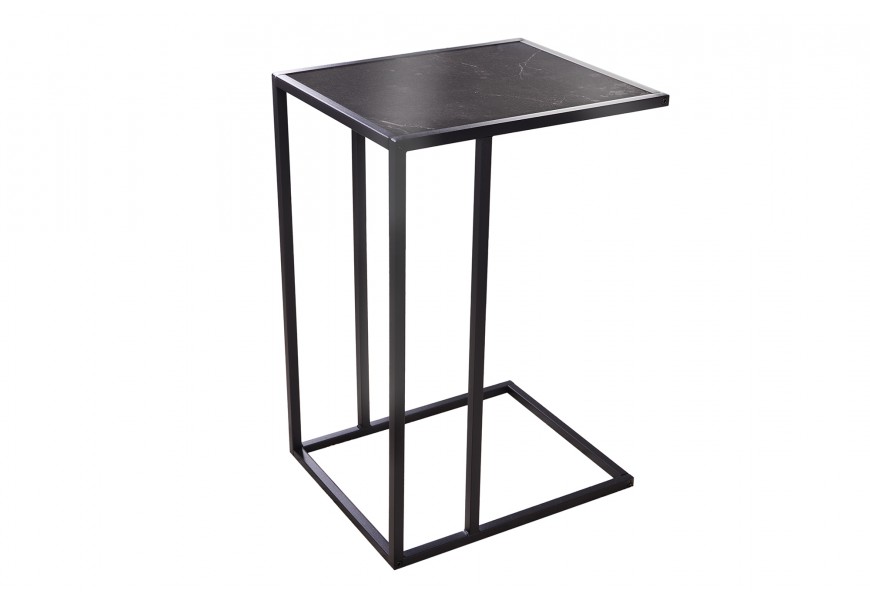 Moderní industriální obdélníkový příruční stolek Industria Marble v antracitové černé barvě s lineární kovovou konstrukcí a mramorovou vrchní deskou