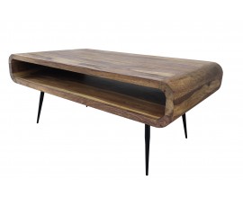 Industriální hnědý konferenční stolek Alpha z masivního palisandrového dřeva s černými kovovými nožičkami a zaoblenými hranami s úložným prostorem na polici