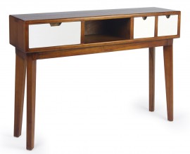 Luxusní masivní moderní konzolový stolek ze dřeva mindi v teplé světle hnědé barvě se třemi bílými šuplíky a policí