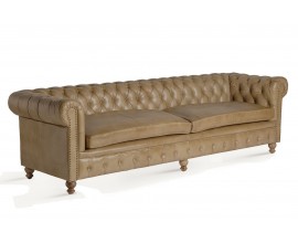 Luxusní chesterfield sedačka Talbot s prošívanou opěrkou a světlým hnědým potahem z pravé kůže 268 cm