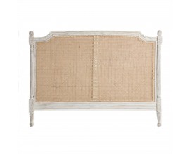 Luxusní vintage béžové čelo postele Vinny s vyřezávaným bílým rámem z mangového dřeva v provensálském stylu se záměrně sešoupaným efektem as ratanovým vídeňským výletem