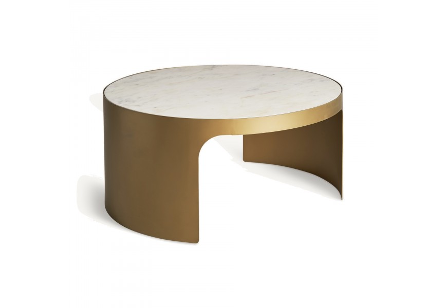 Luxusní glamour kulatý bílo zlatý konferenční stolek Moneo s vrchní deskou z mramoru a designovými kovovými nožičkami ve zlaté barvě